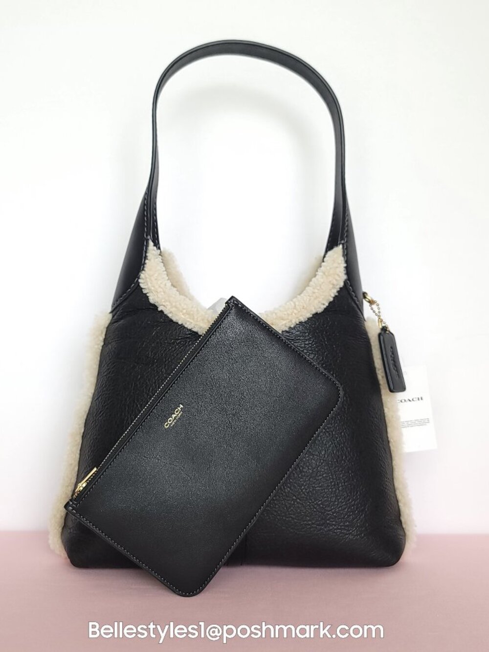 COACH Brooklyn 28 Shoulder Bag In Shearling & Leather – Black/Natural color⭐